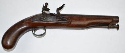 Joseph Simmons 10 bore flintlock pistol with named lock, engraved lock, hammer, trigger guard and
