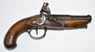 Unnamed flintlock coat pistol with silver wire inlaid grip, metal ram-rod and mounts and 4.25 inch