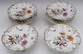 Limoges dessert service of six tazzas, all with botanical and ornithological decoration, each