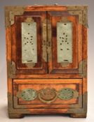 Chinese cabinet with inset jade style panels and fitted interior, 24x17.5x13cm.