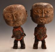 Tikar of Cameroon, Africa pair carved wooden pygmy figures, the bodies carved in a squat position