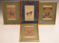 Four Persian watercolours including a set of three with accompanying text, all framed and glazed,