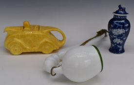 Sadler racing car teapot, Chinese prunus vase and a Nailsea glass pipe