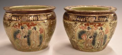 A pair of Japanese Satsuma crackle glaze jardinières with figural scenes, gilt decoration and four
