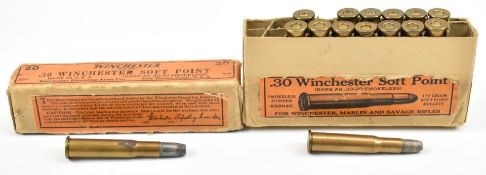 Fifteen .30 Winchester Soft Point rifle cartridges, in original box