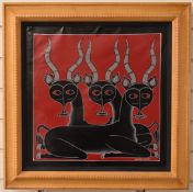 Tanzanian Tinga Tinga acrylic on canvas of three antelope, signed Mwamedi Chiwaya, 44 x 45cm