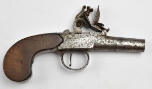 English London made flintlock pocket pistol with engraved locks, shield shaped cartouche to the