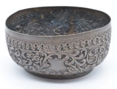 Indian or Burmese silver bowl with embossed foliate decoration and fish scale design to base, length