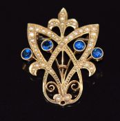 Art Nouveau 9ct gold brooch / pendant set with seed pearls and sapphires, 3.2g, 2.5 x 3cm