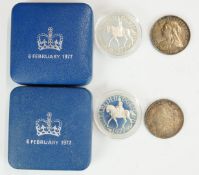 Morgan 1891 US dollar, Queen Victoria 1897 crown and two cased 1977 Queen Elizabeth II Silver