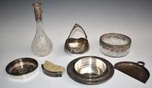 German silver mounted cut glass decanter or similar, WMF silver plated and glass bowl, crumb brush