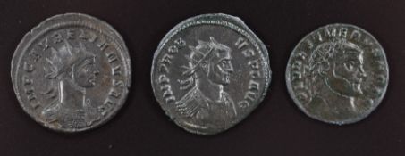 Three Roman Imperial bronze / copper coins comprising Aurelian Antoninianus Severus II Denarius