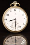 Omega keyless winding open faced pocket watch with inset subsidiary seconds dial, blued hands, black