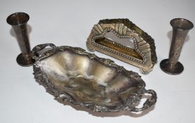 Pair of German silver vases with hammered decoration, marked 835, German letter rack with 800