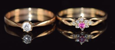 Two 9ct gold rings, one set with a diamond, the other with a ruby and diamonds, 3.4g, size P