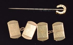 A pair of 9ct gold cufflinks (2.9g) and a 15ct gold horseshoe stick pin