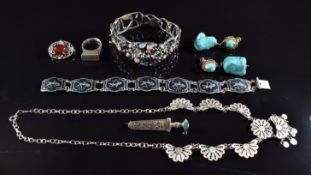 A pair of silver gilt earrings set with turquoise, white metal ring, white metal bangle set with