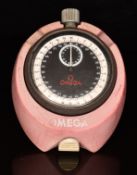 Omega keyless winding open faced stopwatch with subsidiary dial, silver bezel, black dial and