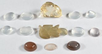 Nine moonstone cabochons, a carved moonstone and a carved citrine