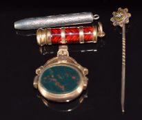 A 15ct gold stick pin set with a diamond, 9ct gold swivel fob set with bloodstone and agate,