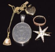 Victorian silver locket, paste brooch, 9ct rolled gold locket, 9ct gold chain and 9ct gold ring, 2.