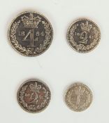 Maundy coins comprising four Victorian young head 4d; 1884 2d; 1851 2d and an 1855 1d.