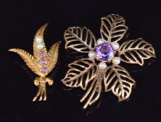 Two 9ct gold brooches set with amethysts and pearls, 12.9g, largest 5cm