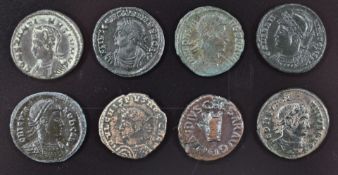 Eight Roman Imperial bronze / copper coins comprising Constantine I AE3, Claudius quadrans Crispus