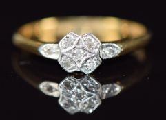 Art Deco 18ct gold ring set with diamonds in a platinum setting, 1.5g, size K