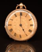 Unnamed 14ct gold open faced pocket watch with blued hands, black Roman numerals, engraved gold dial