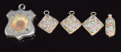 Four silver pendants/ charms set with micro mosaic and a compass charm/ pendant