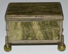 Marble jewellery casket with silver plated mounts and raised on four ball feet, width 9cm