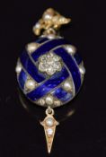 Edwardian blue enamel love token set with old cut diamonds and split peals, verso set with