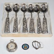 Boxed set of silver Singapore souvenir spoons (weight 57g), continental silver cased fob watch and