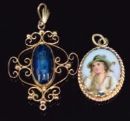 Two c1915 9ct gold pendants, one set with sodalite (L 3.5cm), the other a painted plaque, 2.3cm, 6g