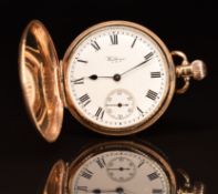 Waltham 9ct gold keyless winding full hunter pocket watch with subsidiary seconds dial, blued hands,