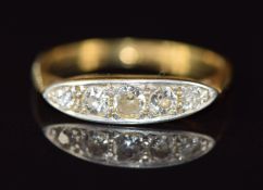 Art Deco 18ct gold ring set with five diamonds in a platinum setting, 2g, size J