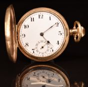 Swiss gold plated keyless winding full hunter pocket watch with subsidiary seconds dial, blued