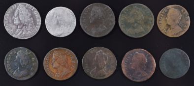 George II 1750 shilling together with a 1783 sixpence, six farthings and a Gregory II Pon, evasion