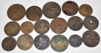 A small collection of copper and bronze coinage, 18thC onwards, includes William and Mary halfpenny,