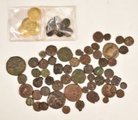 Over seventy unidentified ancient coins including Roman, Indian, pirate cobs etc, largest 28mm,