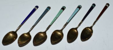 Norwegian or similar silver gilt and guilloché enamel set of six coffee spoons, length 9.5cm, weight