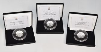 Three Jubilee Mint deluxe cased Queen's Beasts 2oz silver £5 coins with certificates