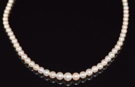A single strand of pearls with an 18ct gold clasp set with an emerald and diamonds, 42cm long