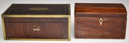 19thC brass-bound mahogany box, width 27cm and a two-division tea caddy