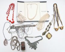 A single strand of pearls with silver clasp, in original box, rose quartz bracelet, five strand