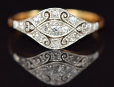 Art Deco 18ct gold ring set with diamonds in a scrolling pierced platinum setting, 2.9g, size N