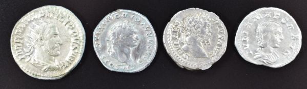 Four Roman Imperial silver coins comprising Domitian Denarius (as Caesar) 79AD, VF, Septimus