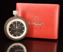 Omega keyless winding open faced stopwatch with subsidiary dial, silver bezel, black dial and