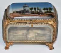 19thC Grand Tour bevelled glass and ormolu pictorial jewellery casket with script 'Phares SH